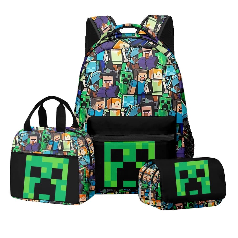 New Minecraft Student Backpack Lunch Bag Double-Layer Pencil Case 3-Piece Set