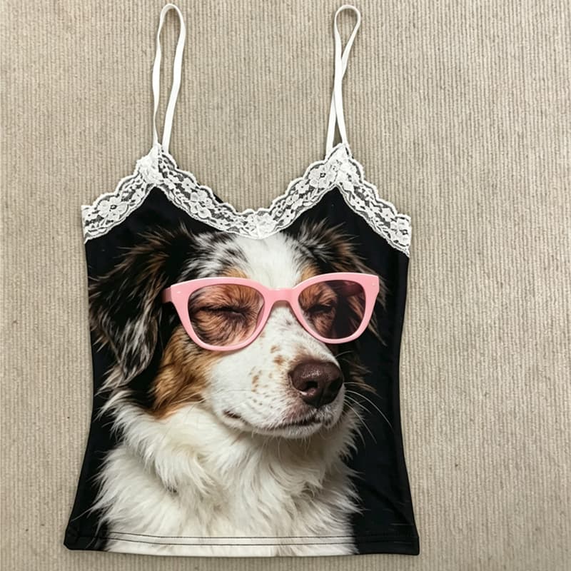 Cross-Border Fun Dog Print Lace Camisole Y2K Sweet Spicy V-Neck Slim Crop Top for Women
