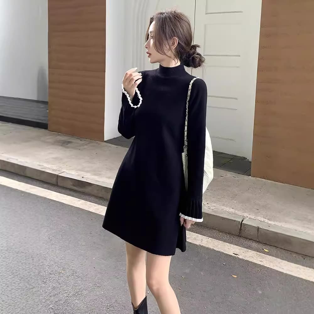 2025 Autumn/Winter New Knit Dress for Women, Black Midi Dress, A-Line Sweater Dress for Petite Figures
