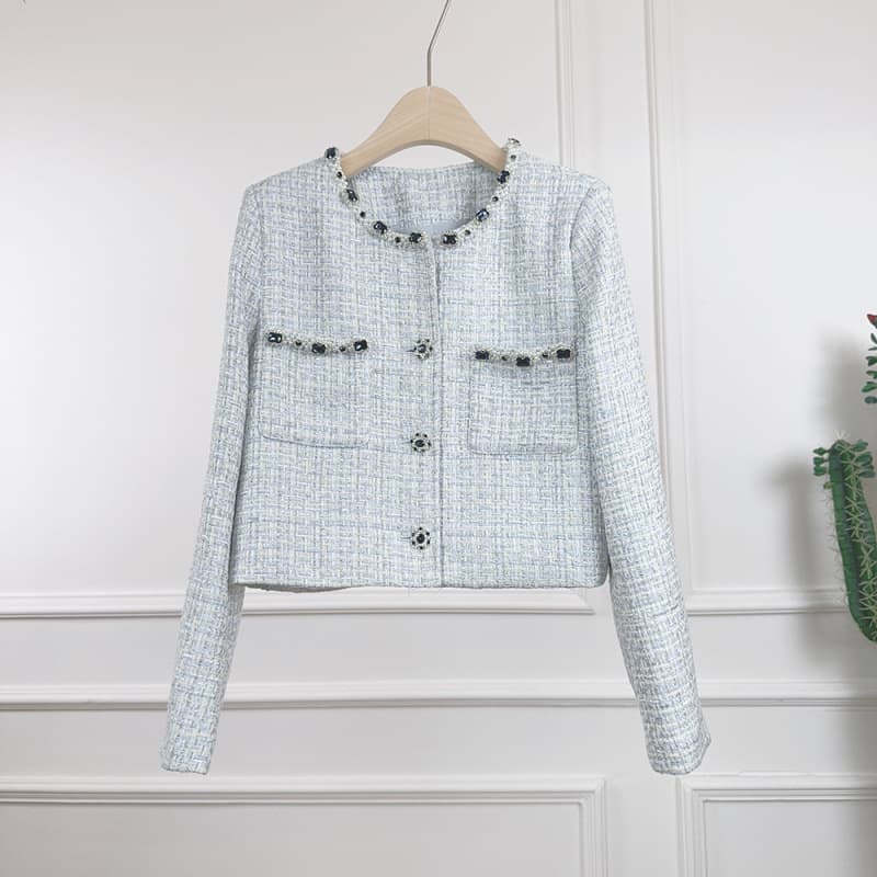 2025 New Women's High-End Chanel-Style Pink-Blue Two-Tone Woven Tweed Round Neck Crystal Embellished Short Jacket