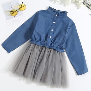 Girls' Dress Autumn/Winter Mesh European-American Fashion Denim Skirt Waist-Bound Trendy Princess Dress Wholesale