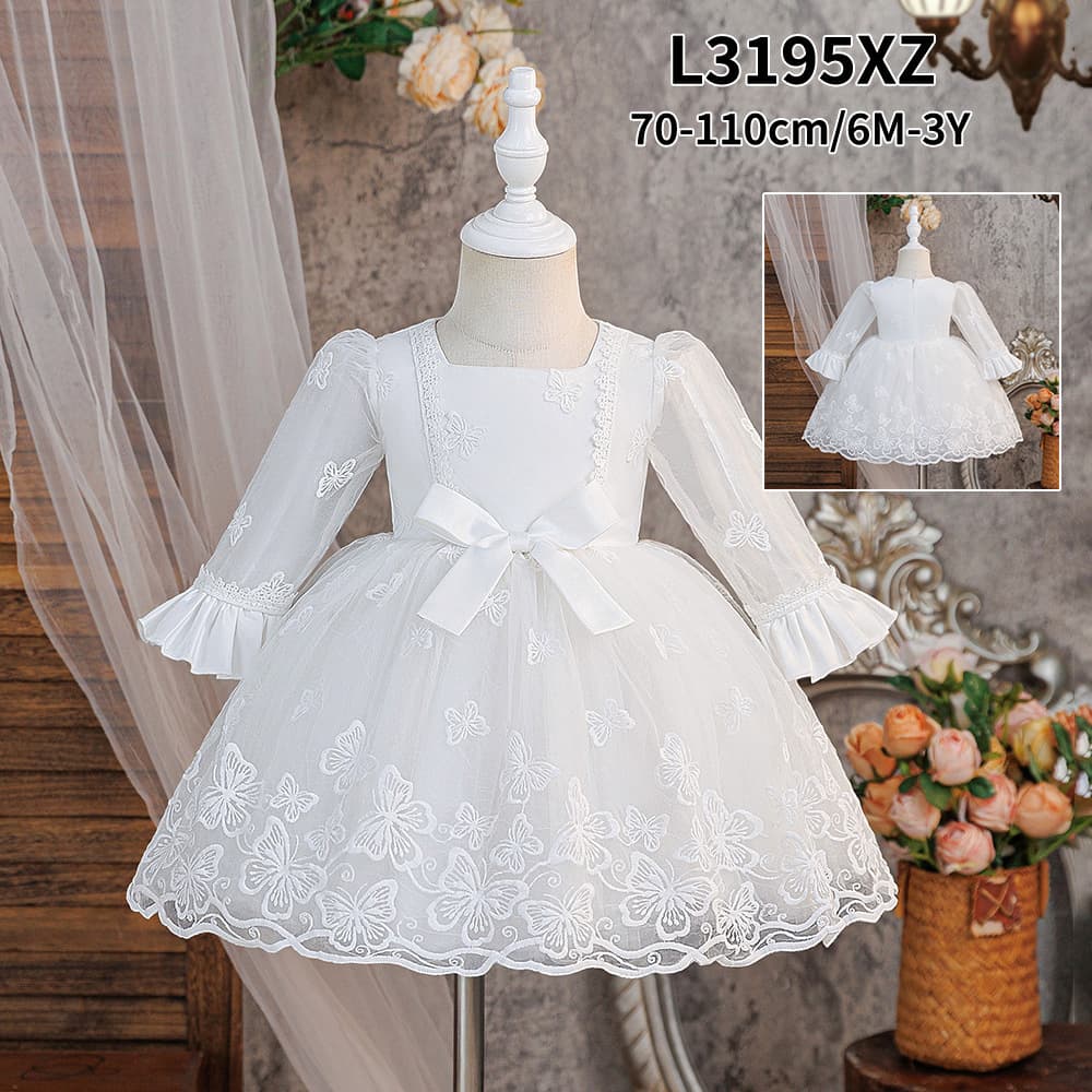 European and American new white christening dress full moon hundred day banquet dress white mesh wedding dress flower girl skirt princess dress