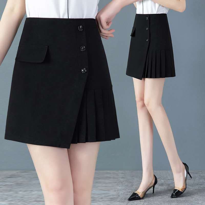 Summer New Pleated Skirt for Women, High-Waist Mini Skirt Slimming Black Asymmetric Pencil A-Line Skirt