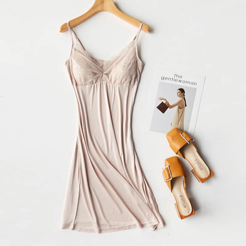 Silk Women's Slip Dress with Padded Cups, Sexy Lace Trim, Mid-Length V-Neck Women's Underskirt Sleep Dress M-XXL