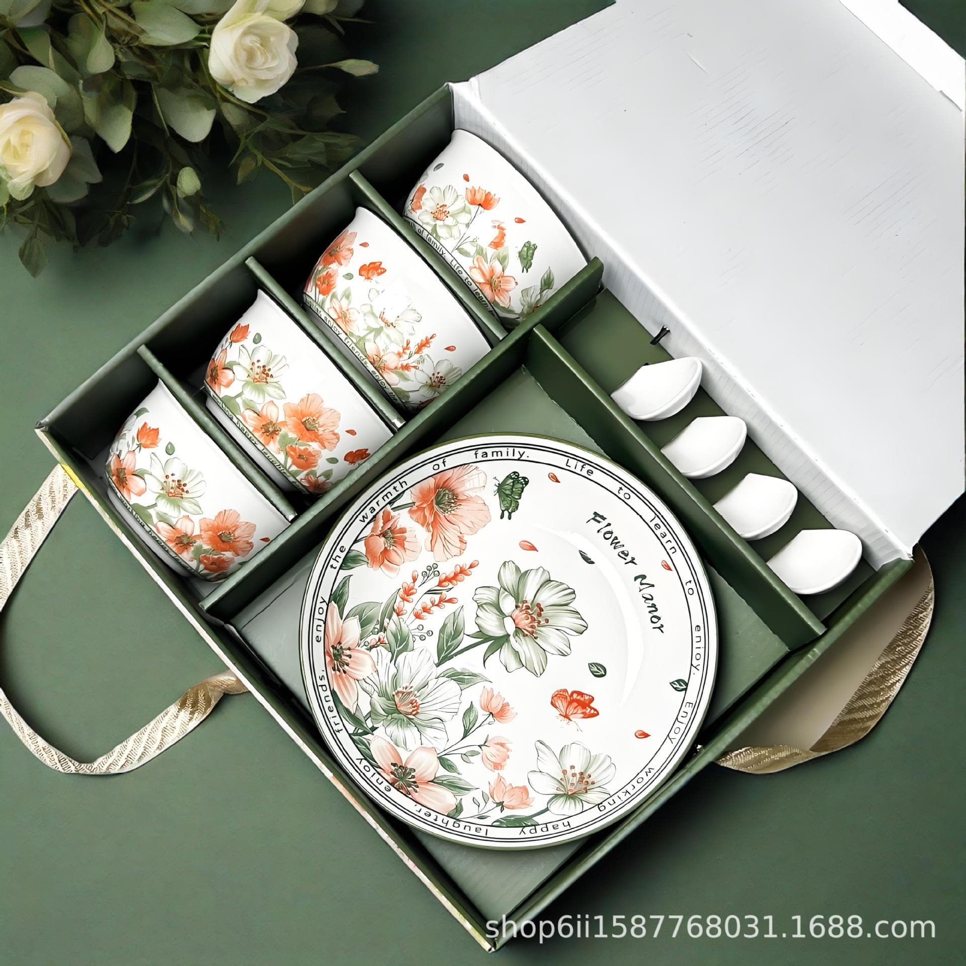 New Green Waters and Green Mountains 9-piece household ceramic bowl and plate set tableware gift box packaging gift souvenir wholesale