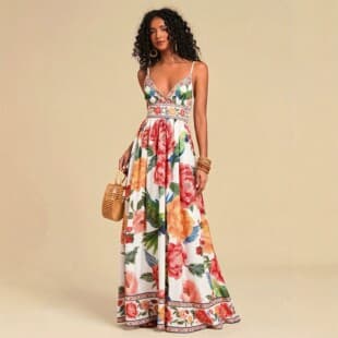 2026 Amazon Women's Summer Daily Long Dress Digital Print V-Neck Beach Vacation Casual Dress