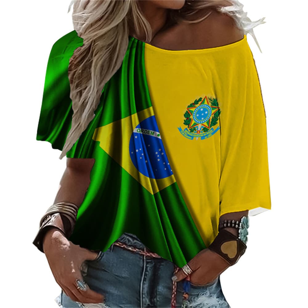 Women's Drop Shoulder 3D Printed Brazil Flag T-Shirt Casual Harajuku Top Sports European and American Fashion Apparel Dropshipping