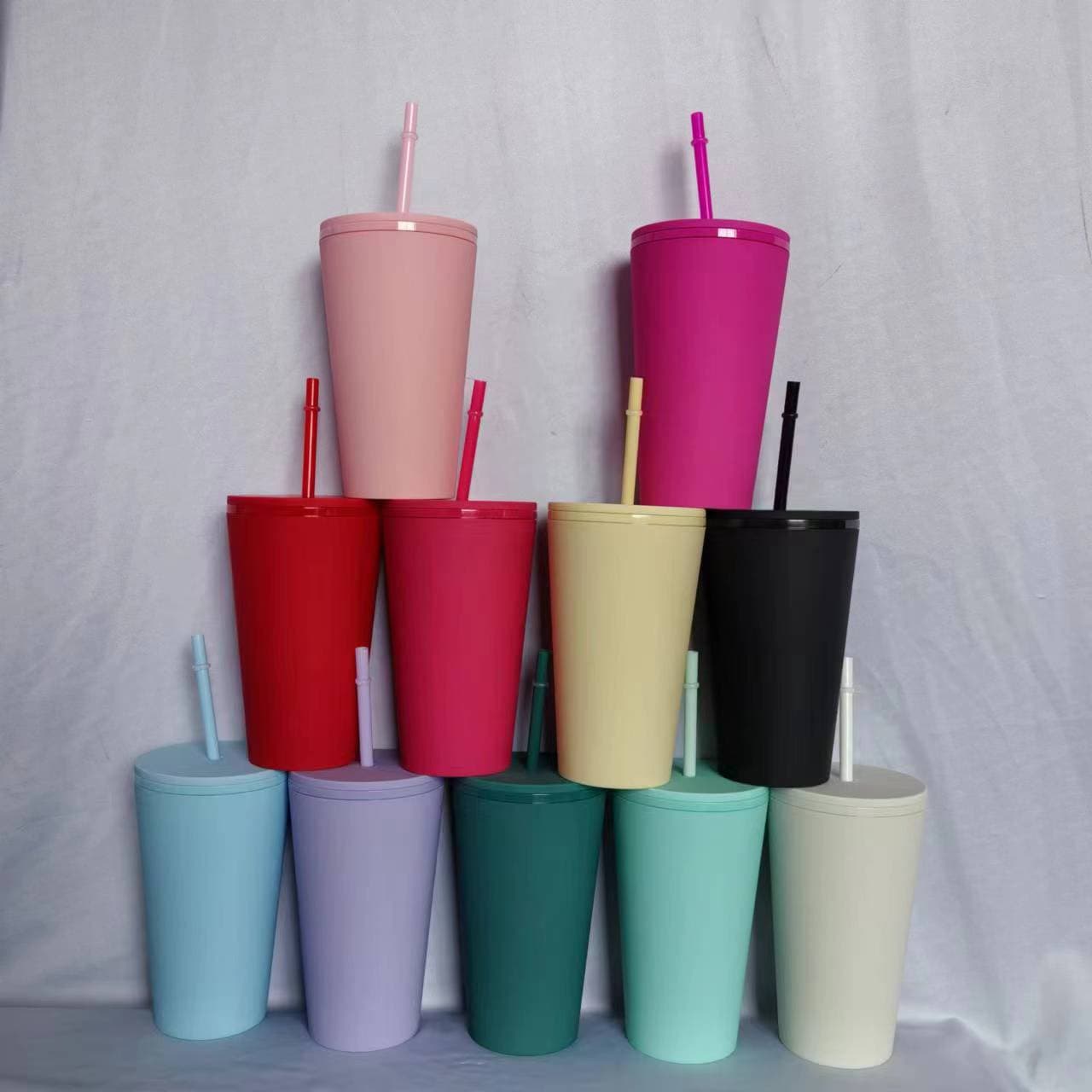 Cross-border candy-colored popular frameless rubber paint double-layer American plastic straw cup with lid