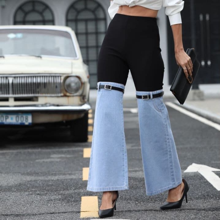 Cross-border Amazon Fashion Slim Fit Knitted Denim Patch Elastic Waist Wide-Leg Casual Pants, Elegant Office Wear Plus Size Outfit