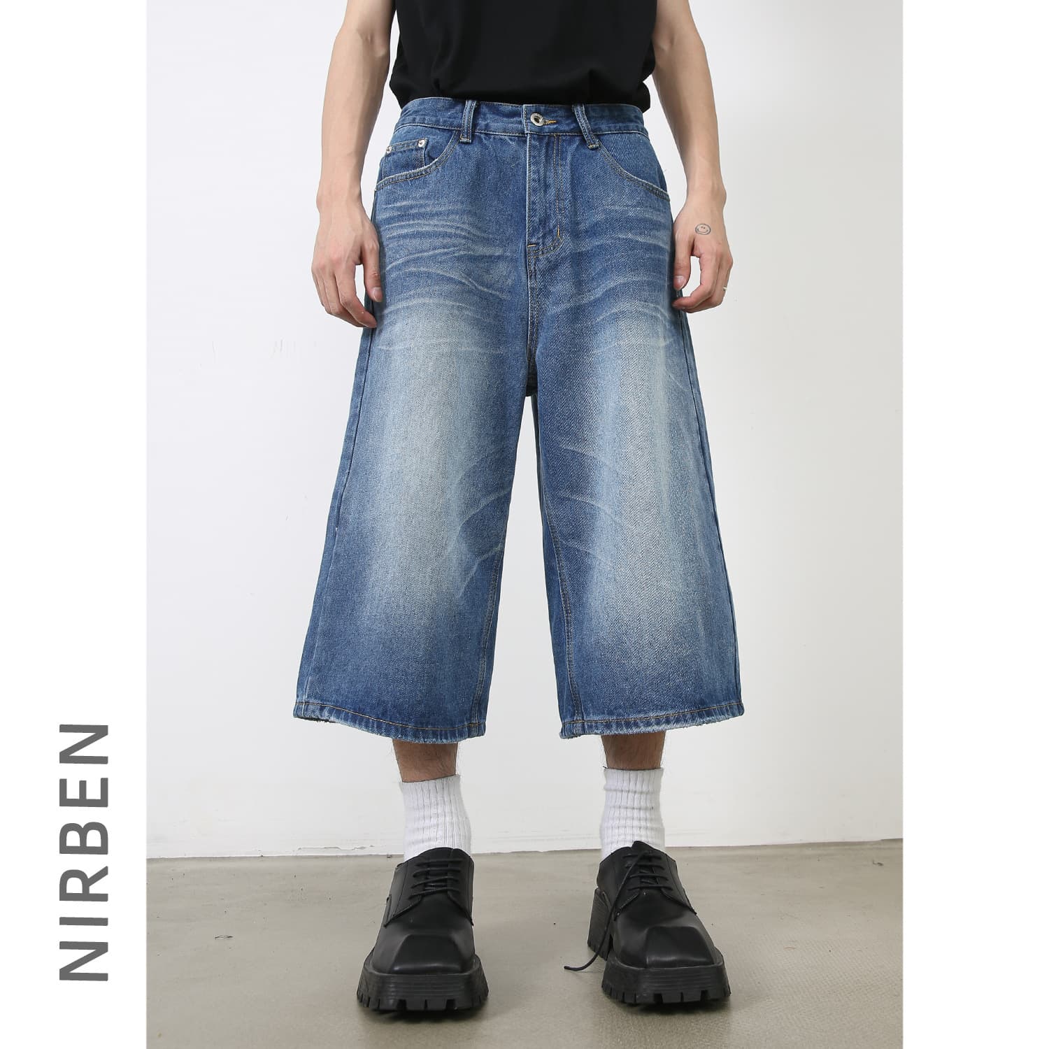 nirben denim | New American summer loose silhouette retro washed three-quarter straight denim shorts for men