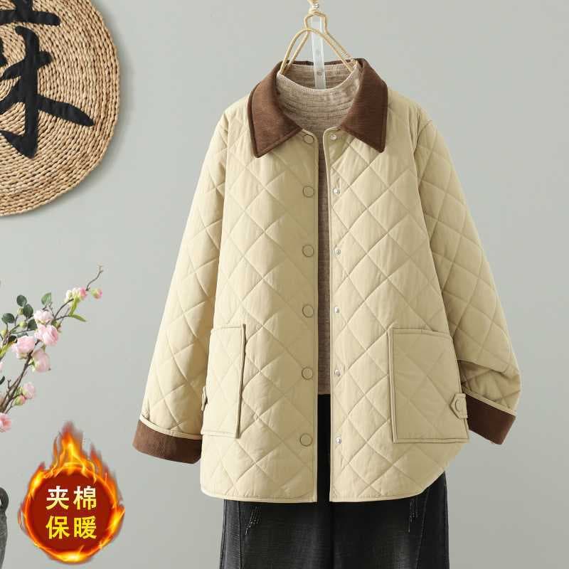 Real Shot Winter Color Block Patchwork Barn Style Cotton Coat, 2025 Autumn/Winter New Warm Turn-Down Collar Loose Fashion Cotton Jacket Women