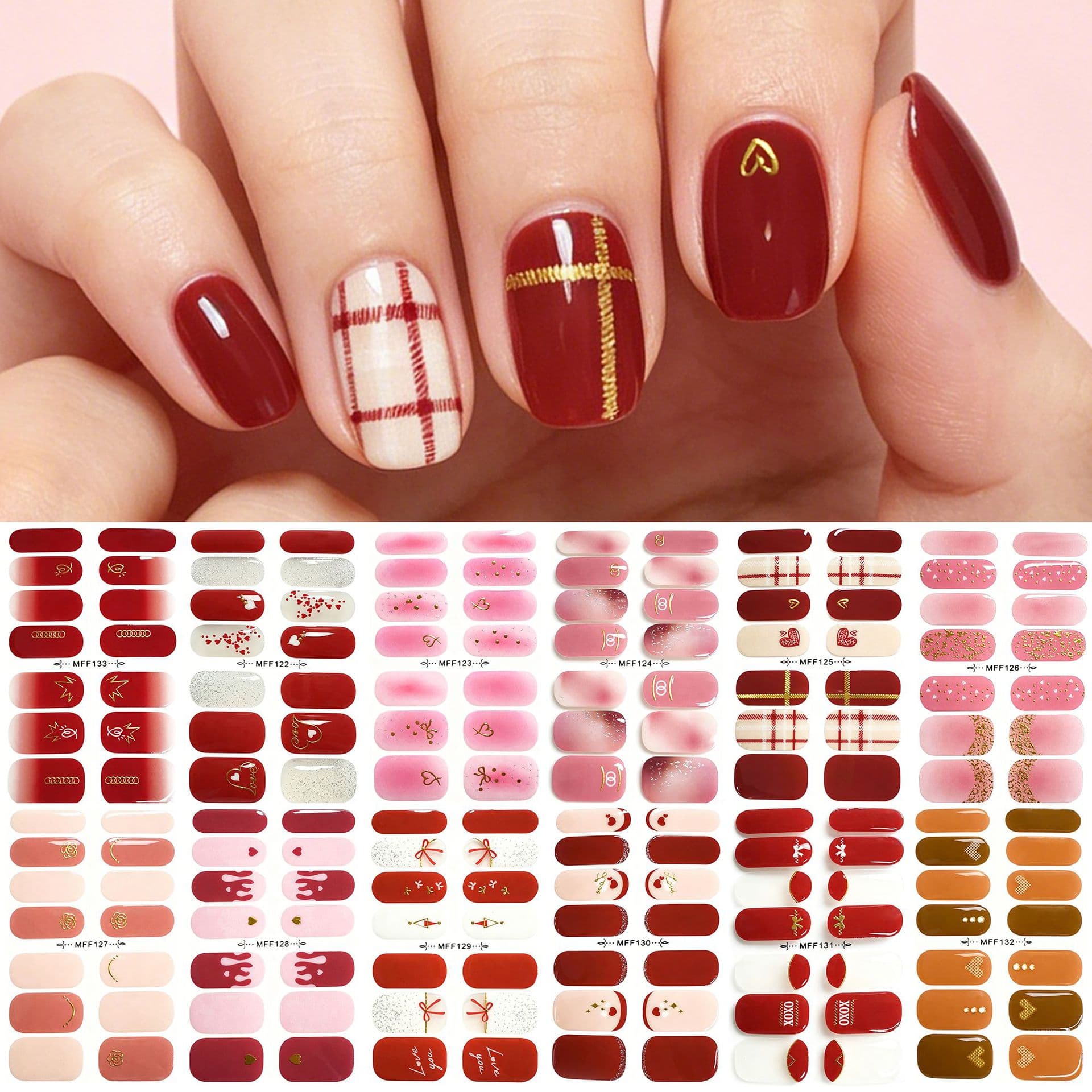 Burgundy plaid manicure full sticker goddess white love gold line nail stickers waterproof long-lasting no-bake nail stickers