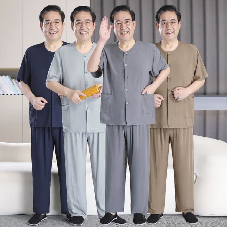 Men's Cotton Silk Pajama Set, Summer, Middle-Aged and Elderly, Grandpa Dad, Rayon Cotton, Lightweight Home Wear