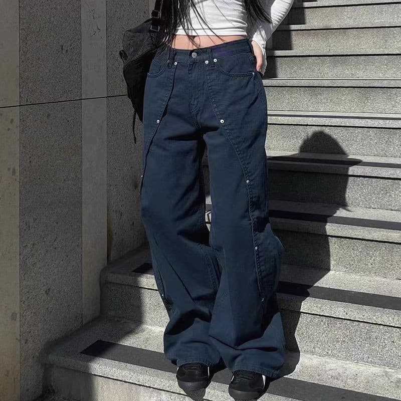 American Retro Large Size Washed Rivet Split Jeans for Women High Street Loose Slimming Wide Leg Long Pants Trendy