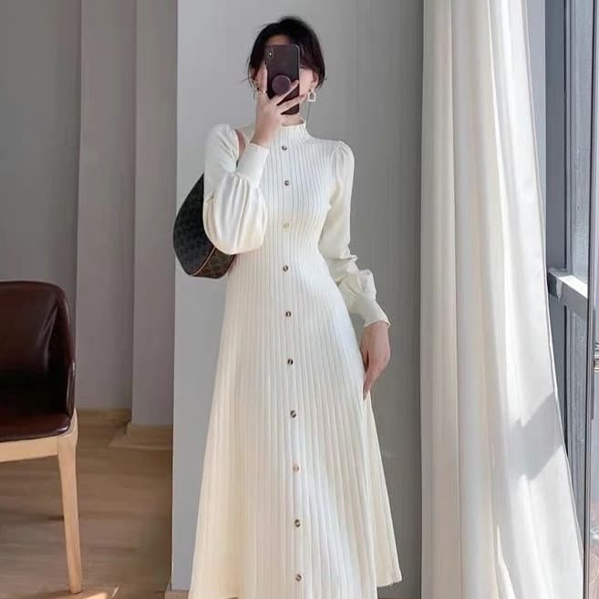 2024 Fall/Winter New Korean Style Knit Dress with Half High Collar, Long Sleeve, Mid-Length for Women