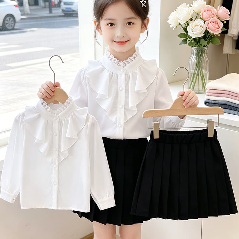 2026 Spring/Summer New Girls Skirt Set, Stylish Fashion Shirt Top with Pleated Skirt, 2-Piece Outfit