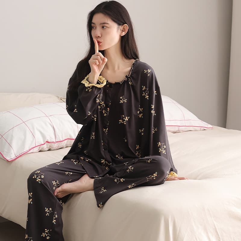25 Years of Pure Cotton Pajamas for Women, Spring and Autumn, Middle-Aged Long-Sleeved Cardigans, Wide Legs, Plus Size, Suitable for Outdoor Wear, Home Clothing Set