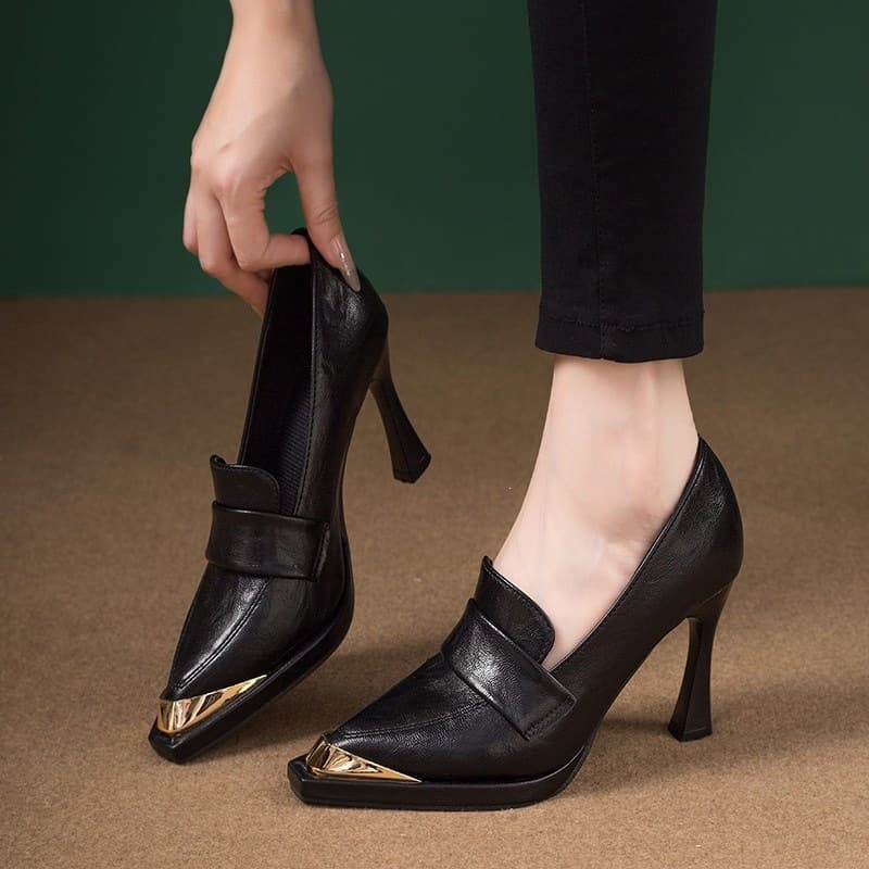 British Style High Heel Leather Shoes 2026 Spring Autumn Shoes for Dresses New Shallow Mouth Block Heel Pumps for Women