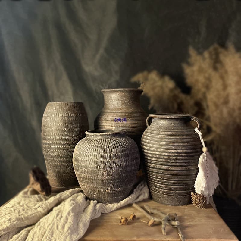 Vintage New Chinese Style Handmade Ceramic Pot Rustic Coarse Pottery Wabi-Sabi Style Distressed Dried Flower Arrangement Decorative Ceramic Bottle Succulent Plant Pot