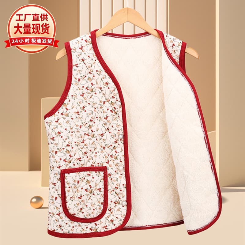 2025 Autumn and Winter Fleece-Lined Thickened Vest Sleeveless Top for Middle-Aged and Elderly Mothers, Floral Cotton Vest, Warm Open-Front Cardigan for Outdoor Wear