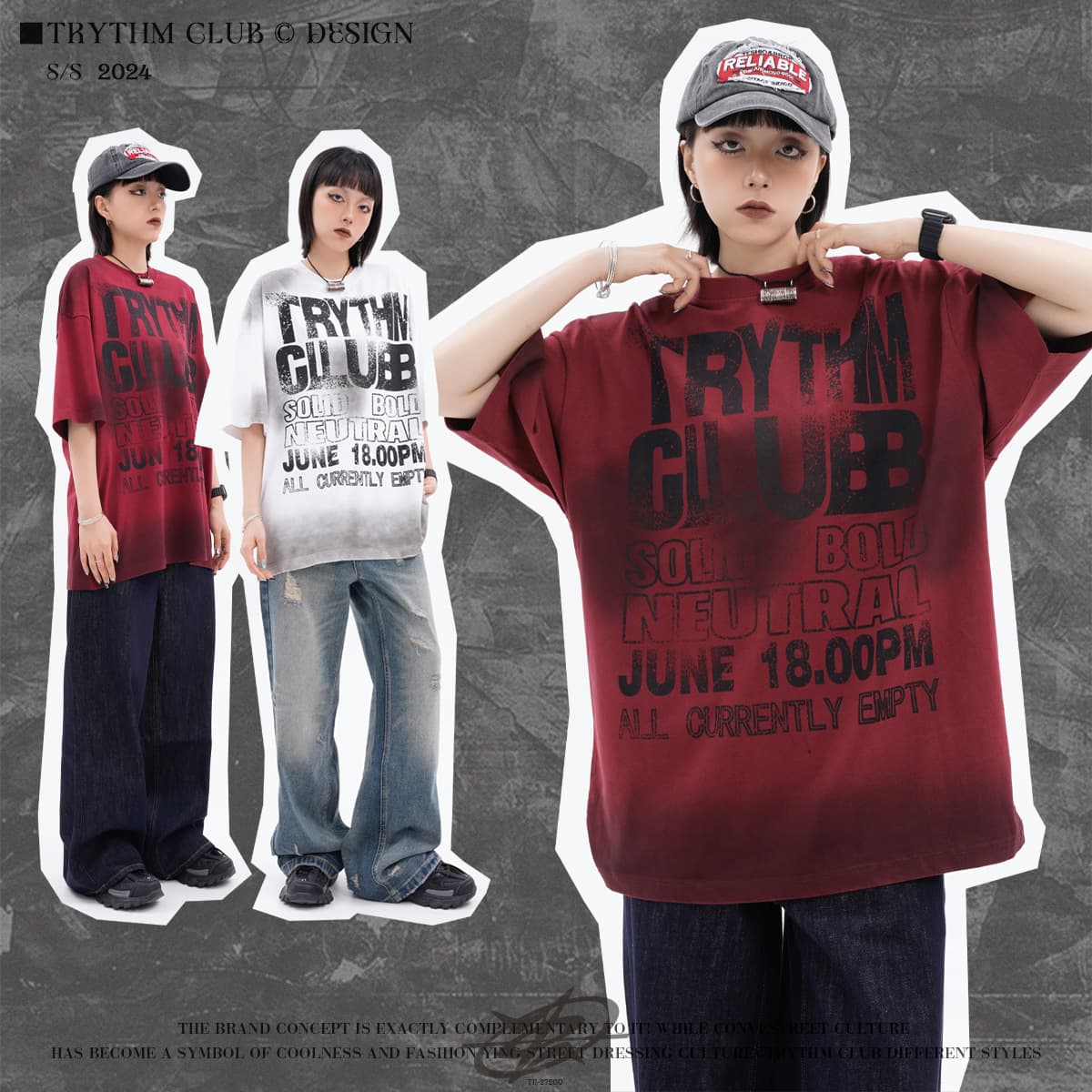TRYTHMCLUB printed retro burgundy high street style rock band short-sleeved T-shirt men's American distressed top