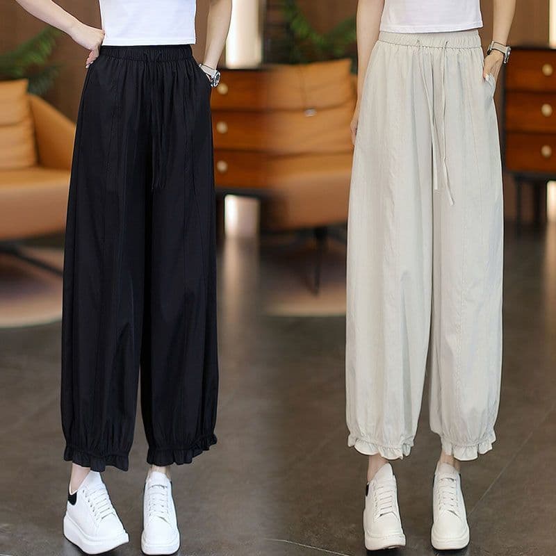 New Bud Pants, Summer Thin 2026 High-Waist Loose Wide-Leg Pants, Casual Versatile Lace Cropped Pants