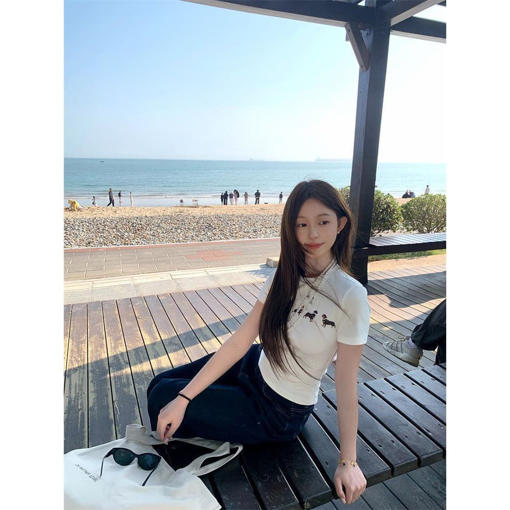 Cross-border Korean-style necklace dog print slim-fit short sleeve 2026 spring/summer new Nanyou popular slim-fit top