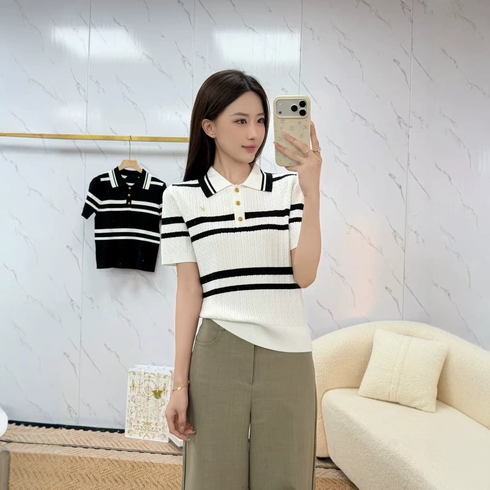 Gaoding Sheng +26 Summer New Polo Collar Striped Casual Simple Versatile Thin Short-Sleeve Knit Top for Women