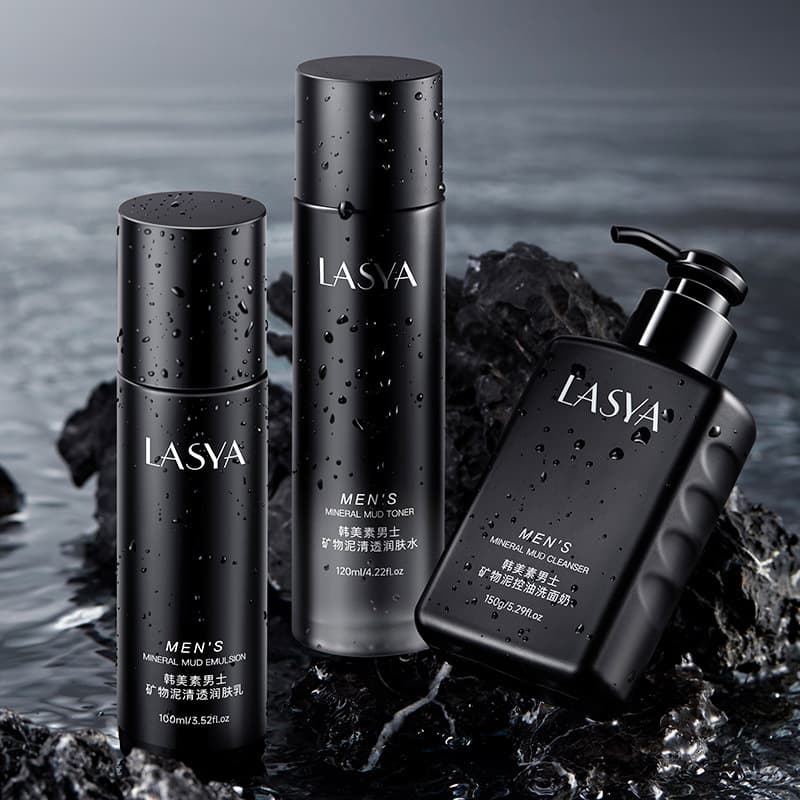 Hanmisu Men's Mineral Mud Skincare 3-Piece Set: Hydrating and Oil-Controlling Facial Cleanser, Toner, and Lotion.