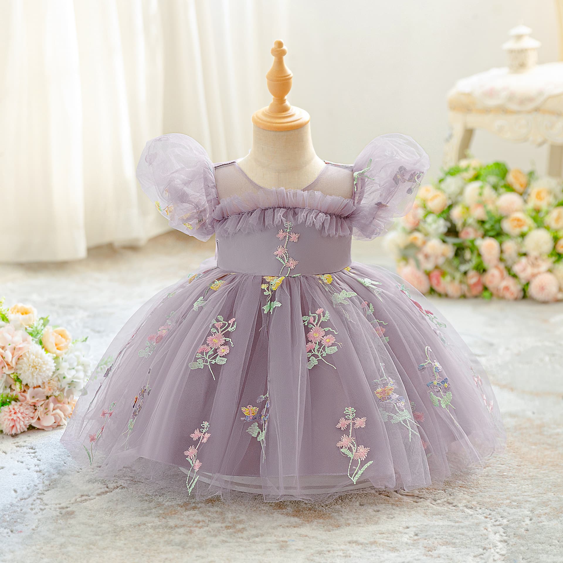 Girls Dress Flower Fairy Tutu Dress Flower Girl Puff Sleeve Princess Dress Children Host Performance Dress