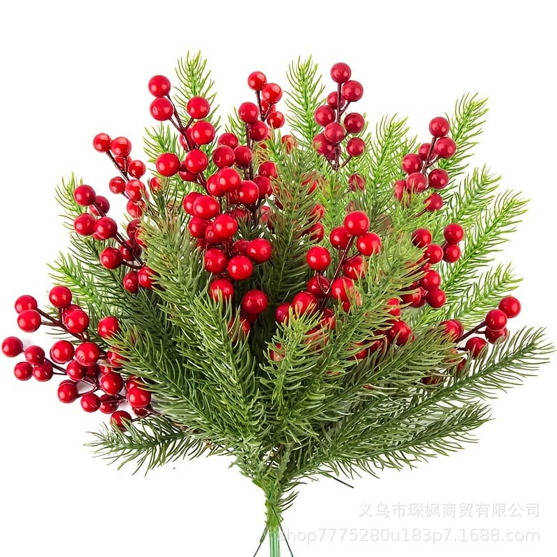 Artificial pine needle plant fake pine branch Christmas wedding decoration red fruit Christmas decoration single berry decoration Christmas