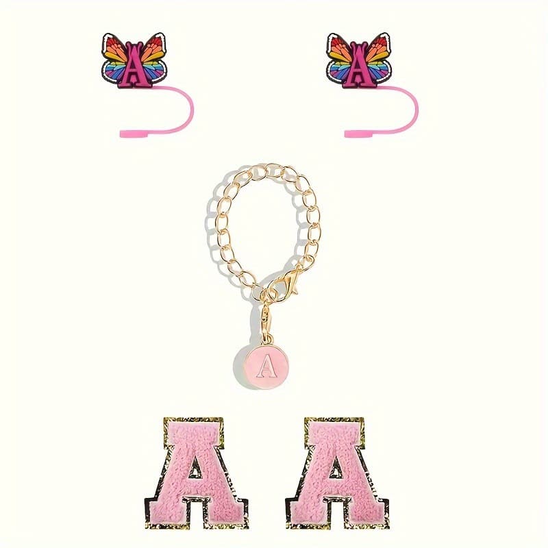 Set Butterfly Straw Cap Cup Chain Gold Border Towel Embroidery English Letters Self-Adhesive Clothing Accessories Embroidered Fabric Patch
