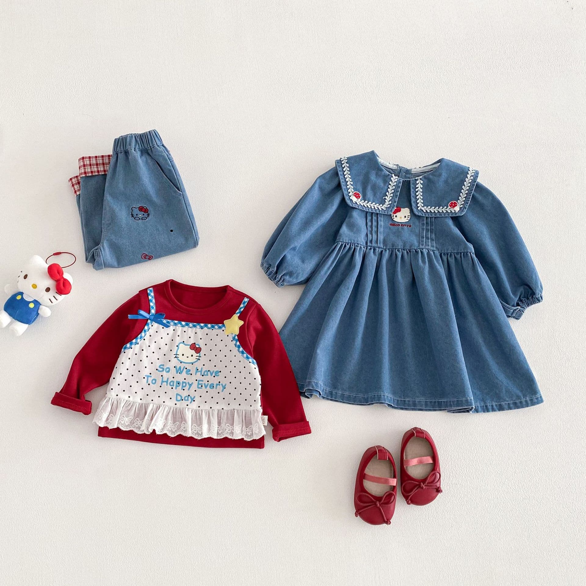Girls Cat Print Dress 2026 New Spring Baby Stylish Square Neck Label Denim Dress Children Soft Skirt