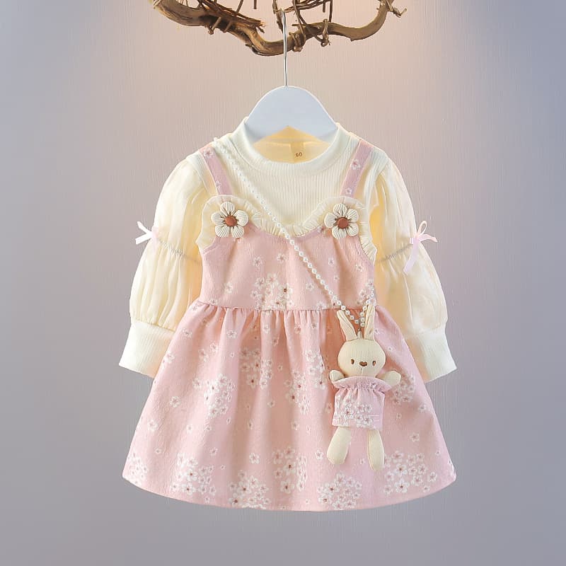 Girls' Dress Autumn 2024 Fashionable Baby Girl Floral Print Fake 2-Piece with Rabbit Pattern