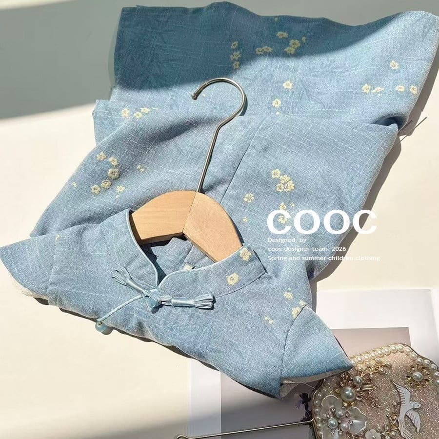 2026 Summer Girls Light Blue Jacquard Cheongsam Little Girl Western Style Chinese Style New Chinese Style Dress Improved National Style