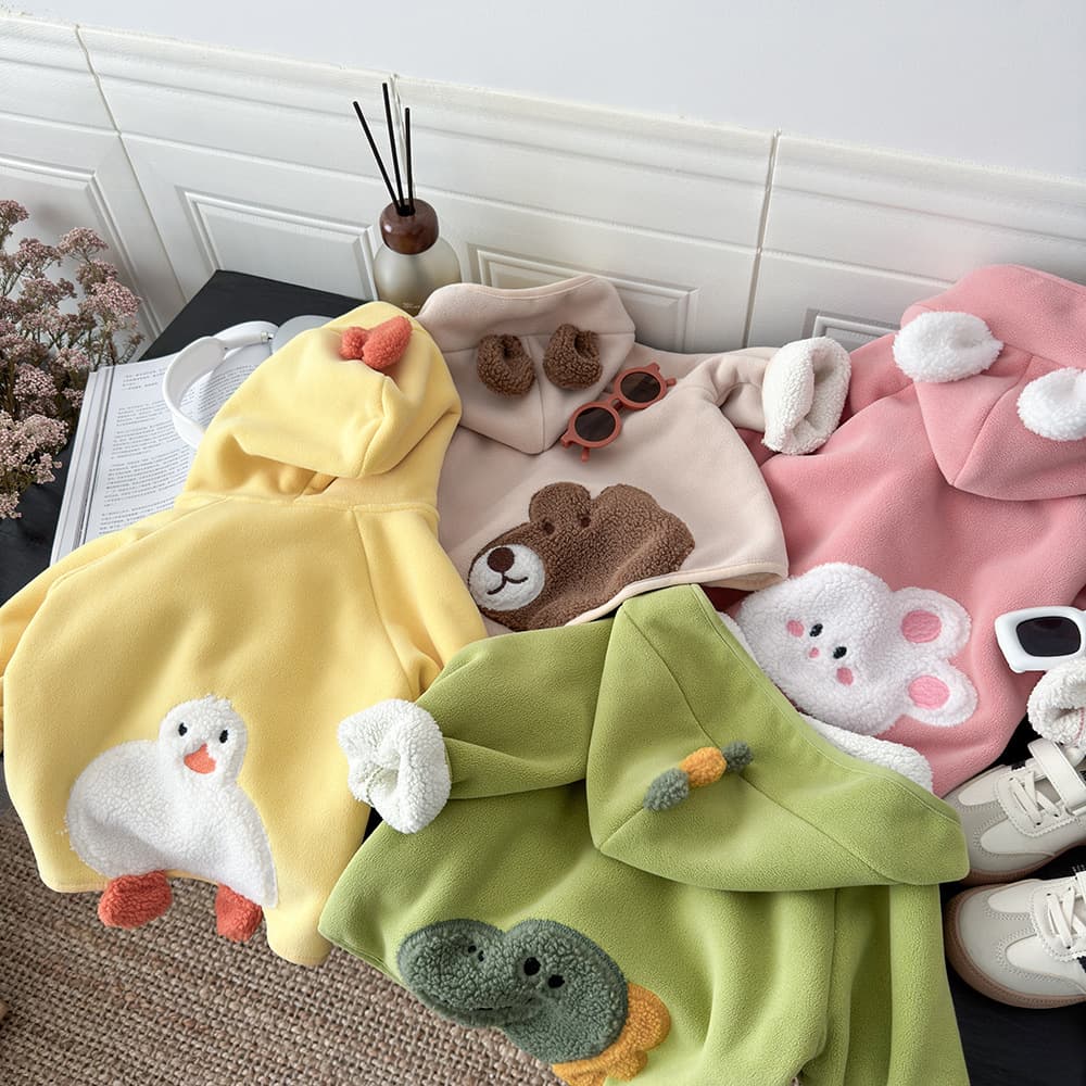 2025 Korean-style fleece-lined thick warm trendy autumn/winter cartoon hooded fluffy jackets for young children