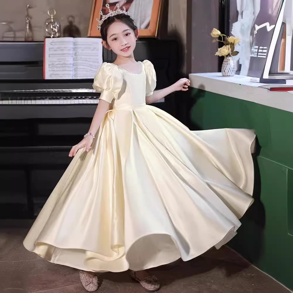 Girls piano performance clothes French puff short-sleeved champagne color long dress fashionable simple high-end dress