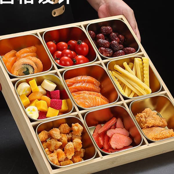 Hot pot restaurant side dish bamboo wooden tray compartmented dinner plate nine-square tableware commercial barbecue shop beef and vegetable platter