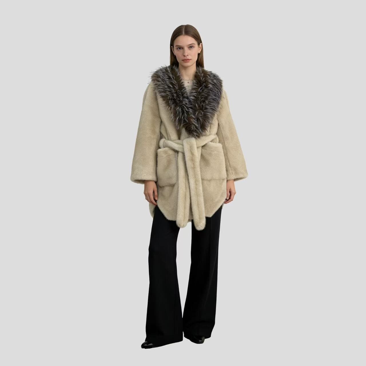 2024 New Eco-Friendly Faux Fur Coat for Women Winter European-American Style Tie Belt Faux Fox Fur Lined
