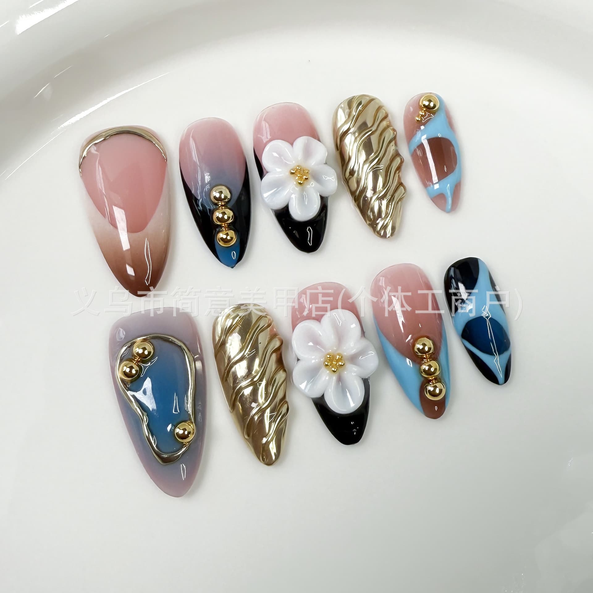 European and American Hot Girl Almond Nails 3D Carved Blush Nails Ins Sweet Manicure Pure Desire Handmade Press-On Nails Wholesale