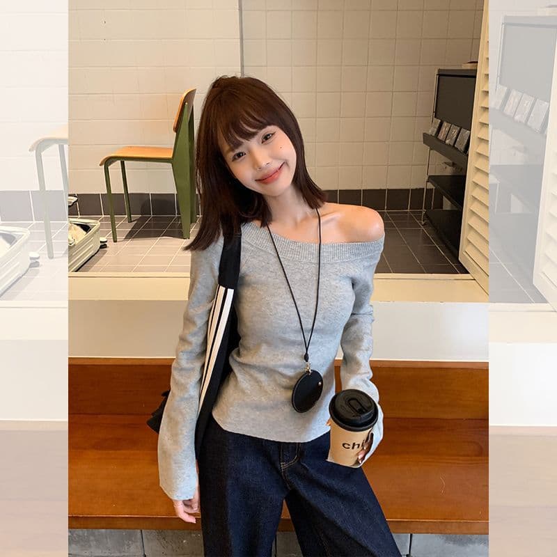 Off-Shoulder Long-Sleeve Knit Top for Women, Fall/Winter Slim Fit, Pure Desire Hot Girl Style Gray Top, Base Layer with Design