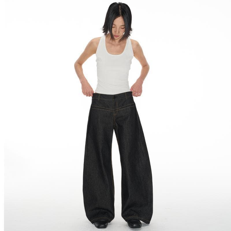 JCAESAR DENIMS U-Shaped Pleated Banana Pants, Structured Low-Waist Curved Cut Yellow Seam Line, WOMEN Series