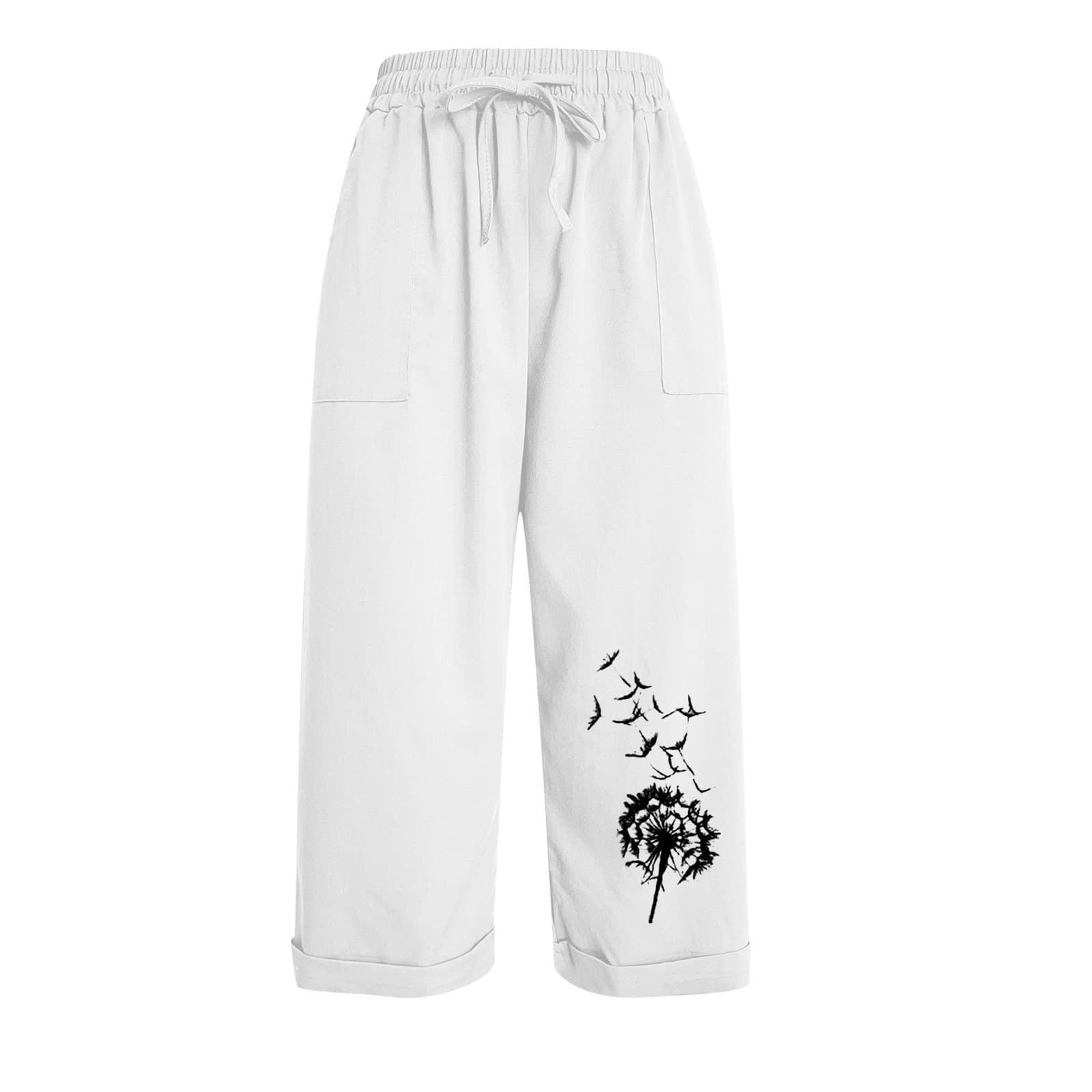 2024WISH Amazon's latest fashion One Big Dandelion heat-printed double pocket drawstring cropped trousers for women