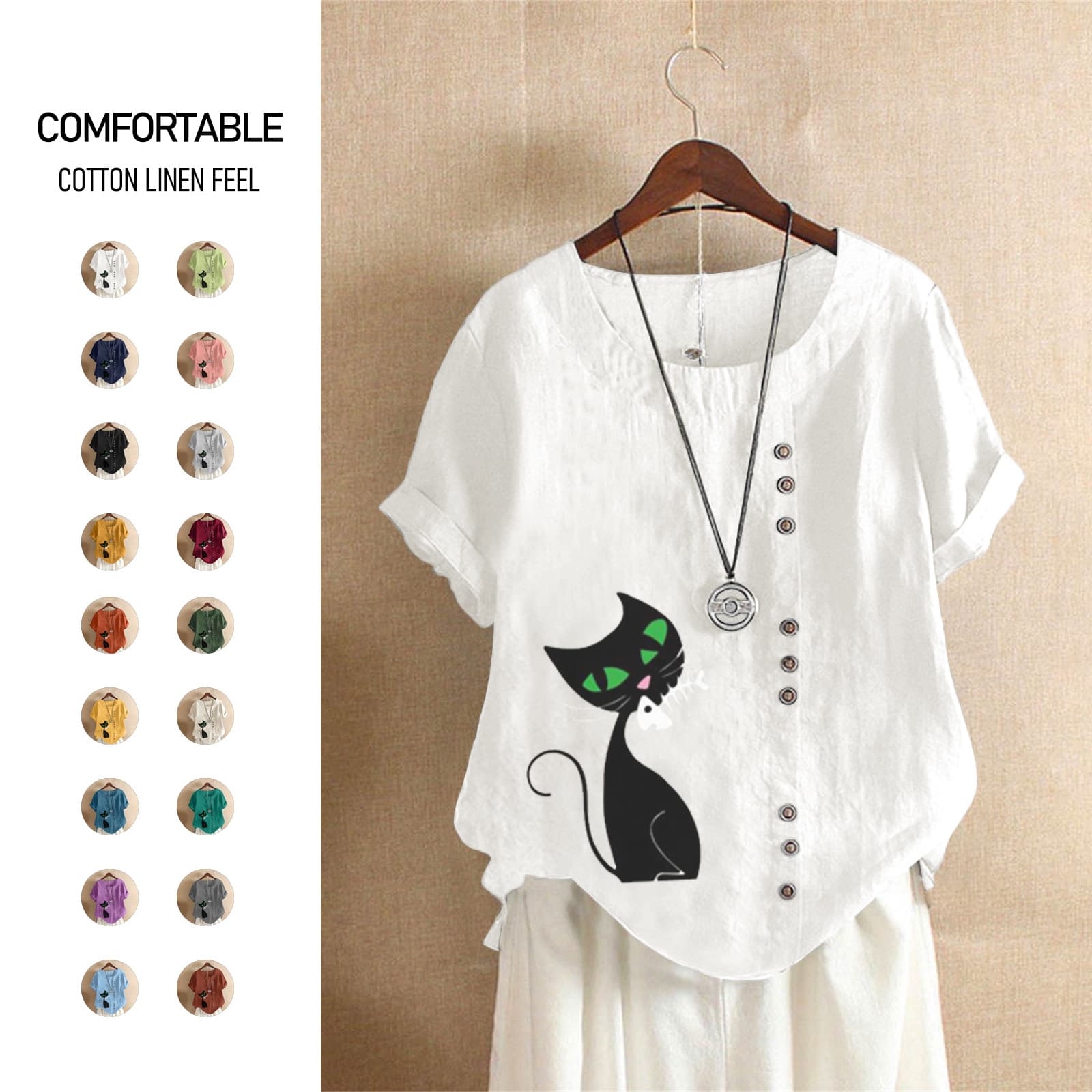 2025 Summer Retro Plus Size Casual Loose Linen Cotton Short Sleeve T-Shirt Women's Plus Size Big Cat