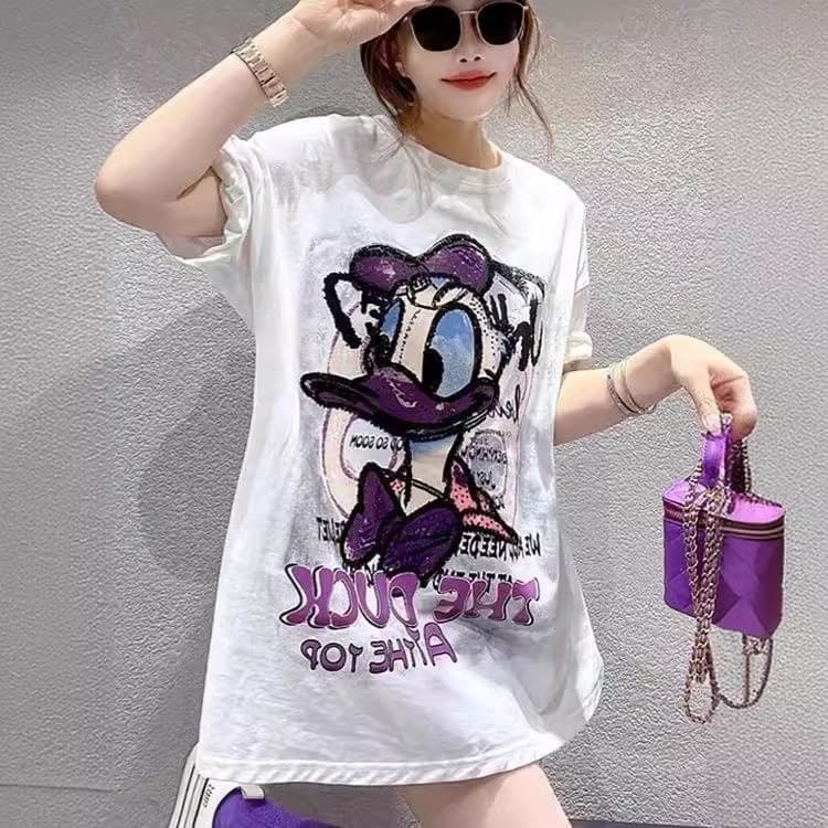 Europe Style Donald Duck Print Short Sleeve T-Shirt for Women 2024 Summer New Loose Fit Slimming Casual Cotton Top Trendy