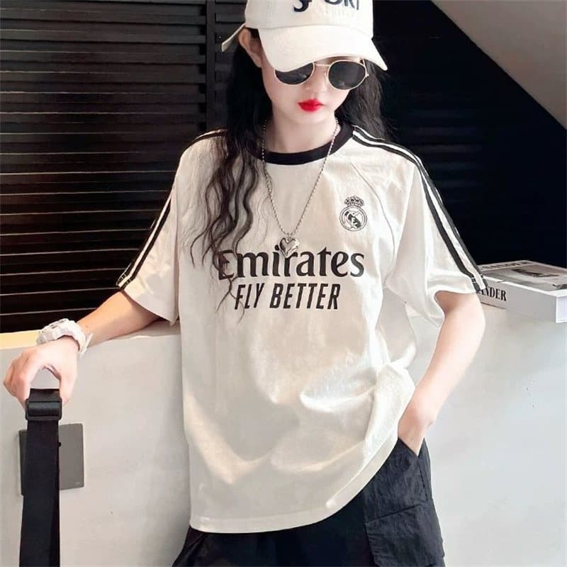 Girls Cotton T-Shirt Summer New Style Children White Short Sleeve Korean Style Big Girl Casual Striped Letter Top Trendy