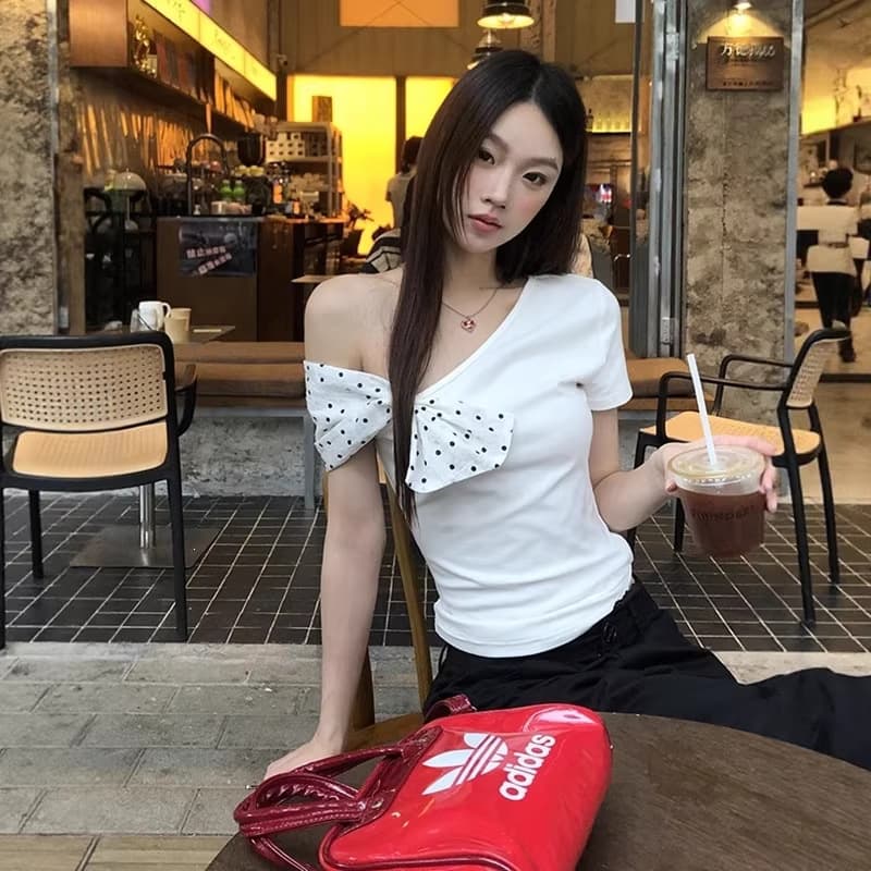 Korean Style Pure Desire Off-Shoulder Short Sleeve T-Shirt Women Slim Fit Super Stretch Base Polka Dot Sweet Hot Girl Off-Shoulder Top Ins