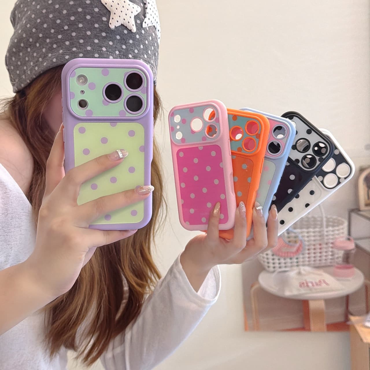 Compatible with Apple 18 Pro Max Color-Block Polka Dot Phone Case iPhone 17 16 15 PM Women's High-Appearance Shell