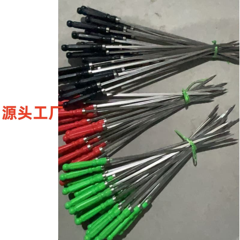 Barbecue Skewers 304 Stainless Steel Thickened Lamb Skewers Plastic Handle Flat and Round Skewers Outdoor Tool Combo
