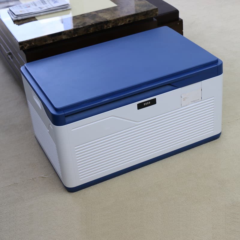 Lockable plastic storage box with combination lock, extra-large organizer for car, home, or office storage.